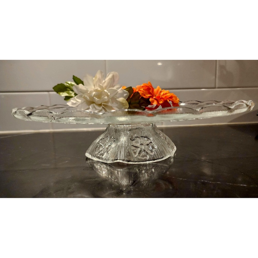 Vintage Pressed Glass Cake Stand Floral Sunburst Design 12 Inch Clear Pedestal